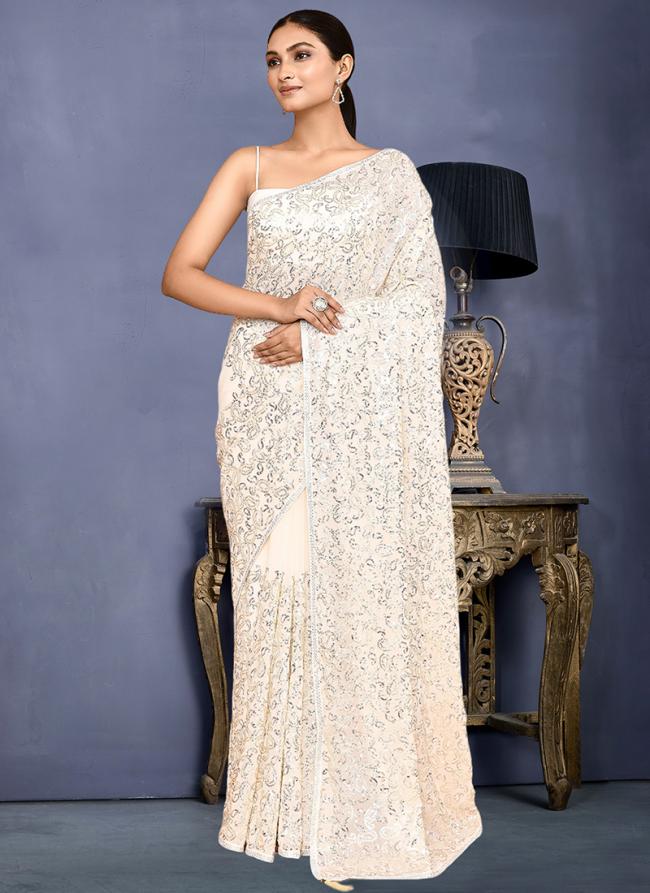 Georgette White Wedding Wear Embroidery Work Saree